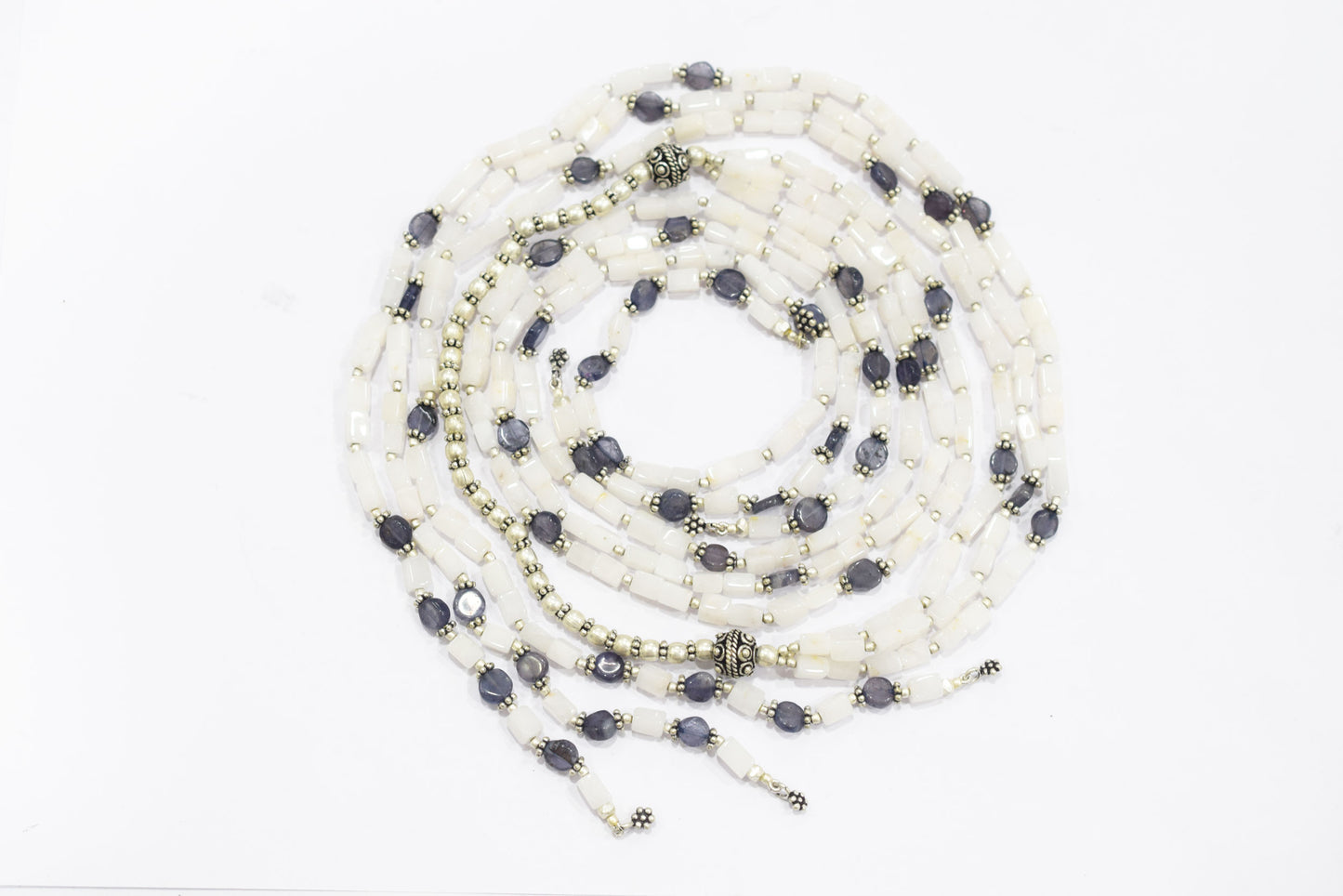 Natural White Agate & Iolite Multi-Strand Necklace & Earrings Set – Open-Ended Beaded Layering Statement Jewelry, 32928