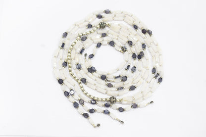 Natural White Agate & Iolite Multi-Strand Necklace & Earrings Set – Open-Ended Beaded Layering Statement Jewelry, 32928