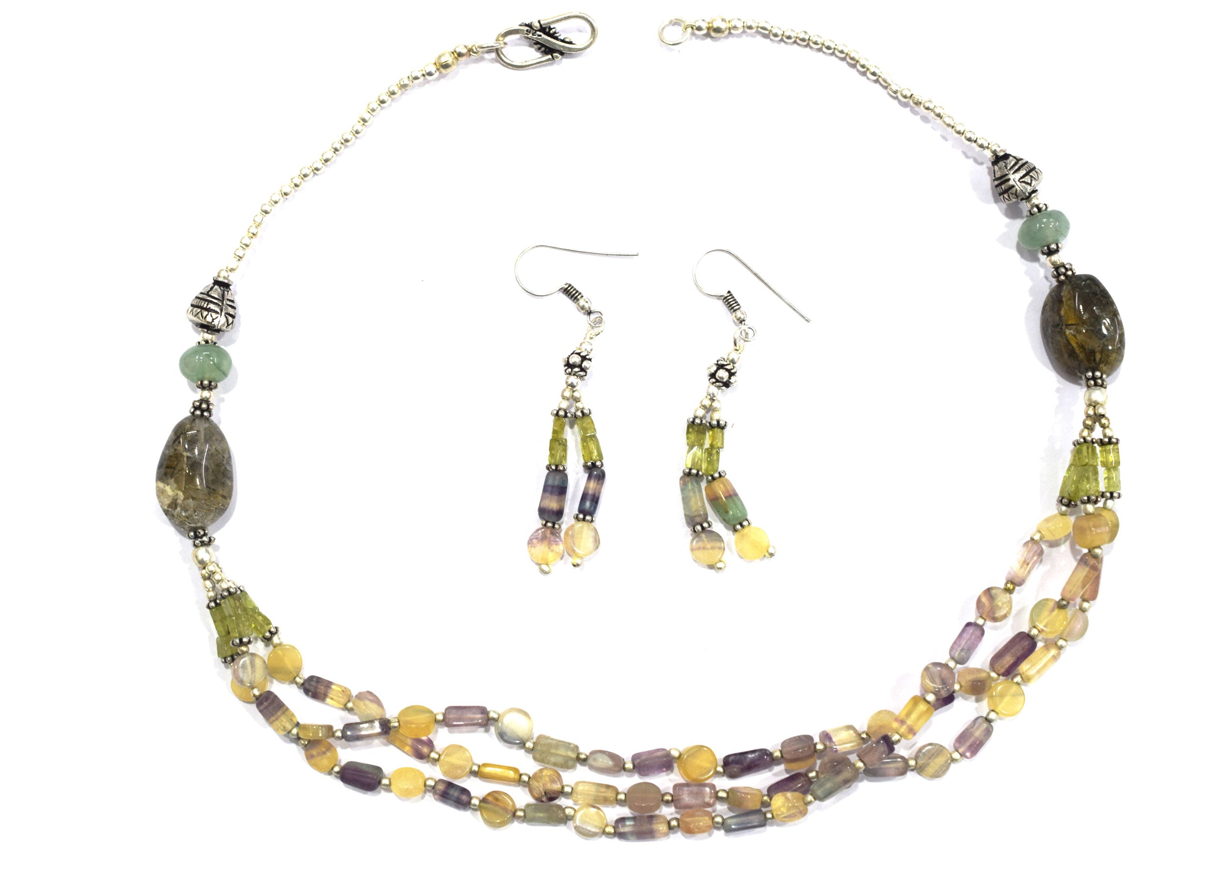 Natural Multi Fluorite, Rutilated Quartz & Green Aventurine 3-Strand Gemstone Statement Necklace with Earings,32929