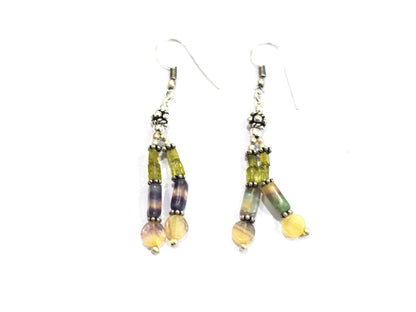 Natural Multi Fluorite, Rutilated Quartz & Green Aventurine 3-Strand Gemstone Statement Necklace with Earings,32929