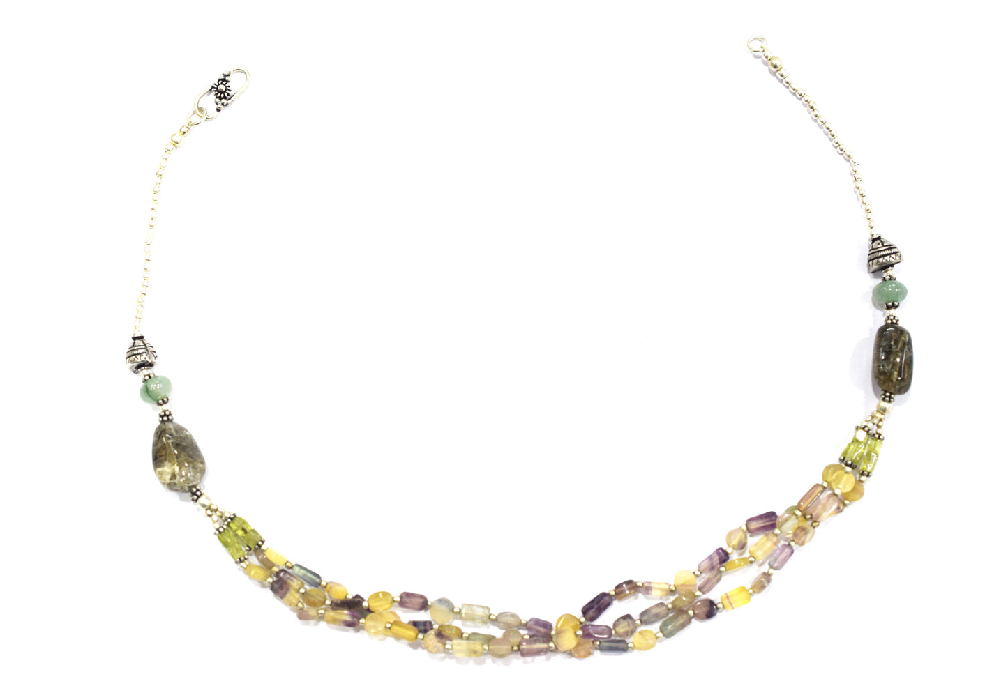 Natural Multi Fluorite, Rutilated Quartz & Green Aventurine 3-Strand Gemstone Statement Necklace with Earings,32929