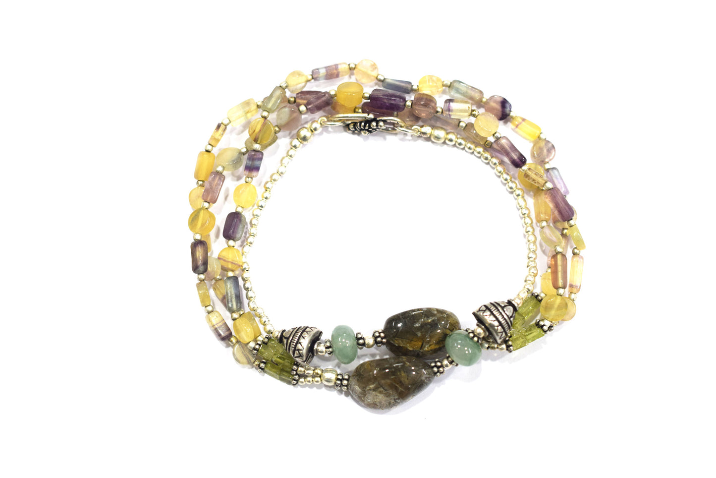 Natural Multi Fluorite, Rutilated Quartz & Green Aventurine 3-Strand Gemstone Statement Necklace with Earings,32929