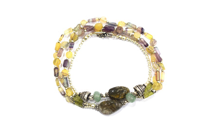 Natural Multi Fluorite, Rutilated Quartz & Green Aventurine 3-Strand Gemstone Statement Necklace with Earings,32929