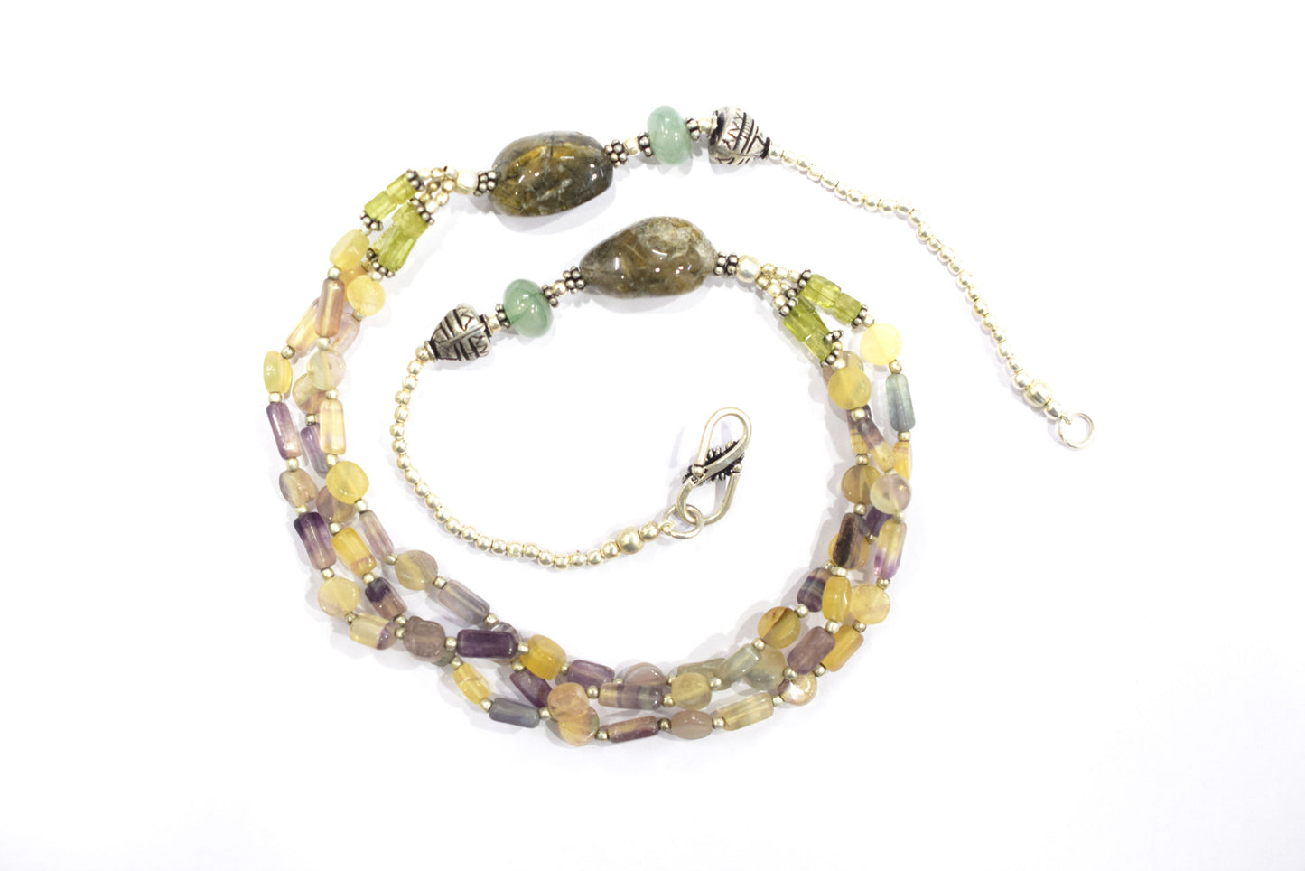 Natural Multi Fluorite, Rutilated Quartz & Green Aventurine 3-Strand Gemstone Statement Necklace with Earings,32929