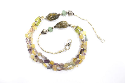 Natural Multi Fluorite, Rutilated Quartz & Green Aventurine 3-Strand Gemstone Statement Necklace with Earings,32929