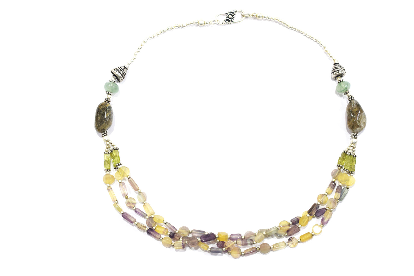 Natural Multi Fluorite, Rutilated Quartz & Green Aventurine 3-Strand Gemstone Statement Necklace with Earings,32929