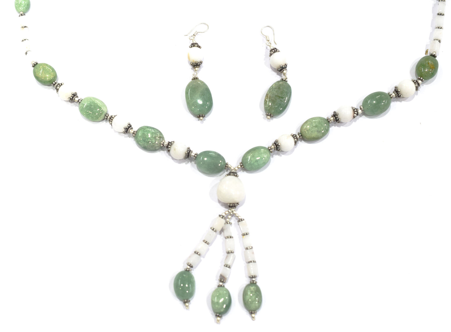 Natural Green Aventurine & White Agate Gemstone Drop Necklace and Earrings Jewelry Set,32930