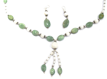 Natural Green Aventurine & White Agate Gemstone Drop Necklace and Earrings Jewelry Set,32930