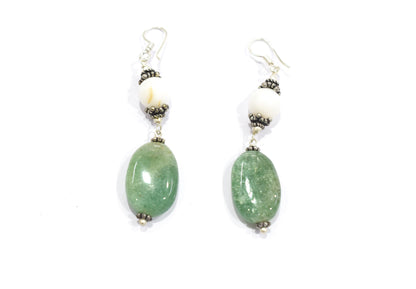 Natural Green Aventurine & White Agate Gemstone Drop Necklace and Earrings Jewelry Set,32930