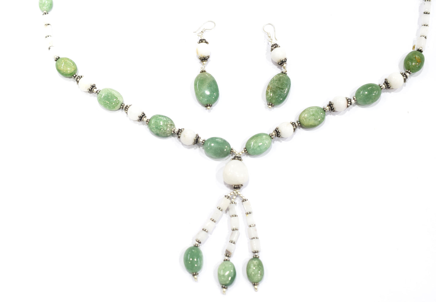 Natural Green Aventurine & White Agate Gemstone Drop Necklace and Earrings Jewelry Set,32930