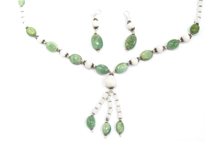 Natural Green Aventurine & White Agate Gemstone Drop Necklace and Earrings Jewelry Set,32930