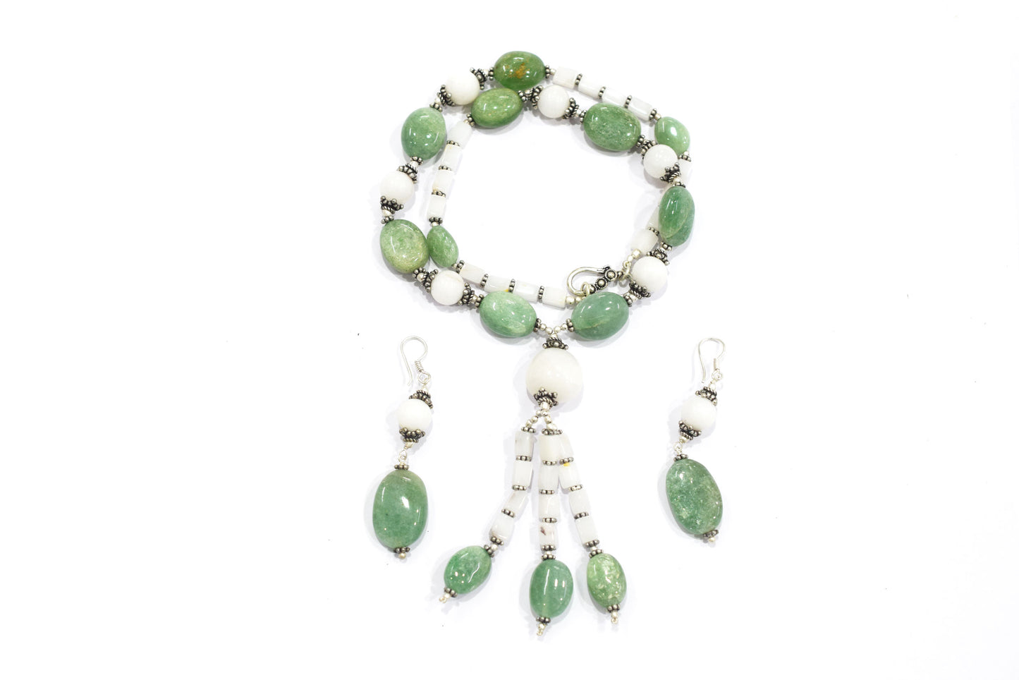 Natural Green Aventurine & White Agate Gemstone Drop Necklace and Earrings Jewelry Set,32930