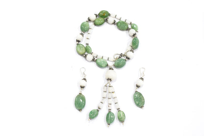 Natural Green Aventurine & White Agate Gemstone Drop Necklace and Earrings Jewelry Set,32930