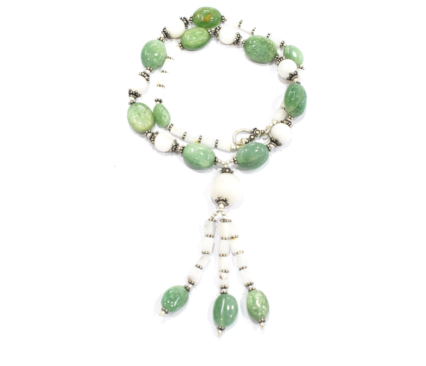 Natural Green Aventurine & White Agate Gemstone Drop Necklace and Earrings Jewelry Set,32930