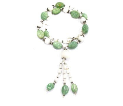 Natural Green Aventurine & White Agate Gemstone Drop Necklace and Earrings Jewelry Set,32930