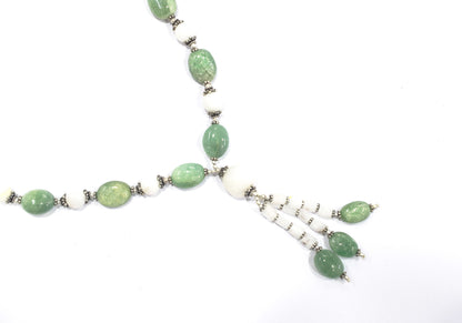 Natural Green Aventurine & White Agate Gemstone Drop Necklace and Earrings Jewelry Set,32930