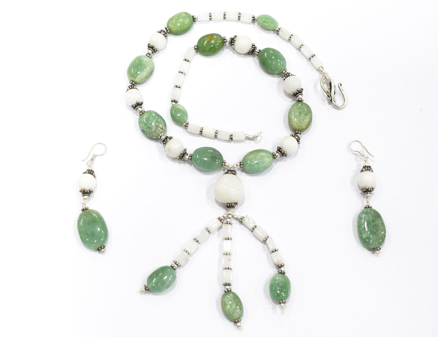 Natural Green Aventurine & White Agate Gemstone Drop Necklace and Earrings Jewelry Set,32930