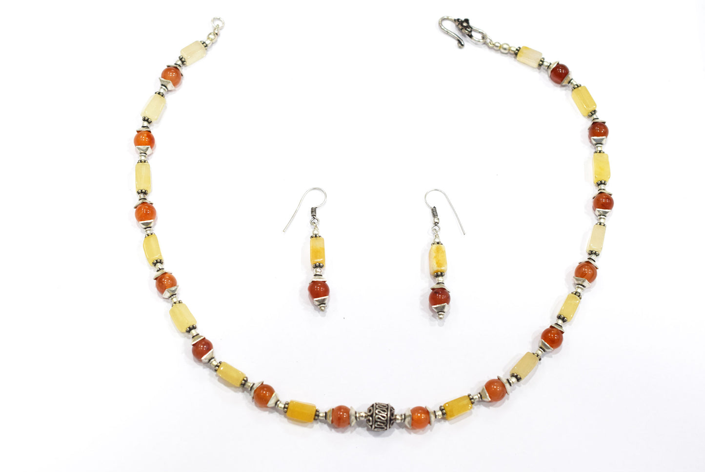 Natural Yellow Aventurine & Carnelian Gemstone Beaded Necklace and Earrings Jewelry Set,32932