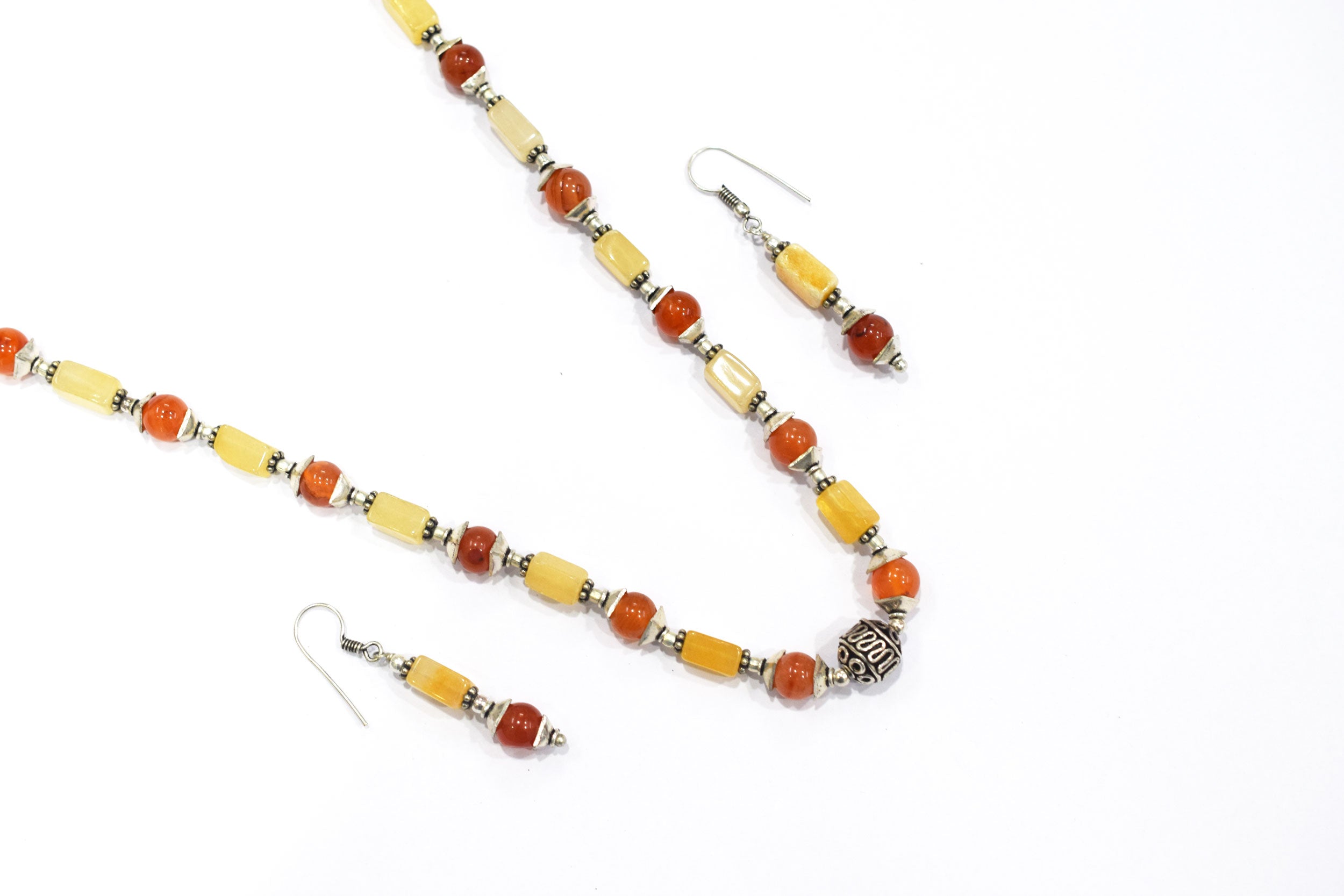 Natural Yellow Aventurine & Carnelian Gemstone Beaded Necklace and Earrings Jewelry Set,32932