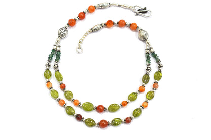 Natural Carnelian, Peridot & Green Aventurine 2-Strand Gemstone Necklace and Earrings Set,32933
