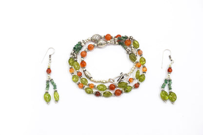 Natural Carnelian, Peridot & Green Aventurine 2-Strand Gemstone Necklace and Earrings Set,32933
