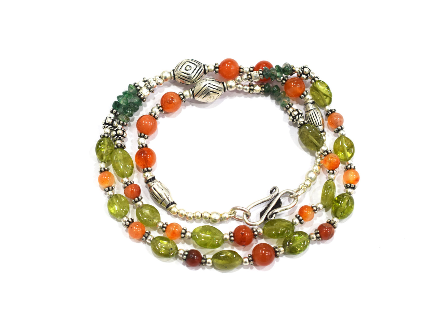 Natural Carnelian, Peridot & Green Aventurine 2-Strand Gemstone Necklace and Earrings Set,32933