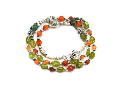 Natural Carnelian, Peridot & Green Aventurine 2-Strand Gemstone Necklace and Earrings Set,32933