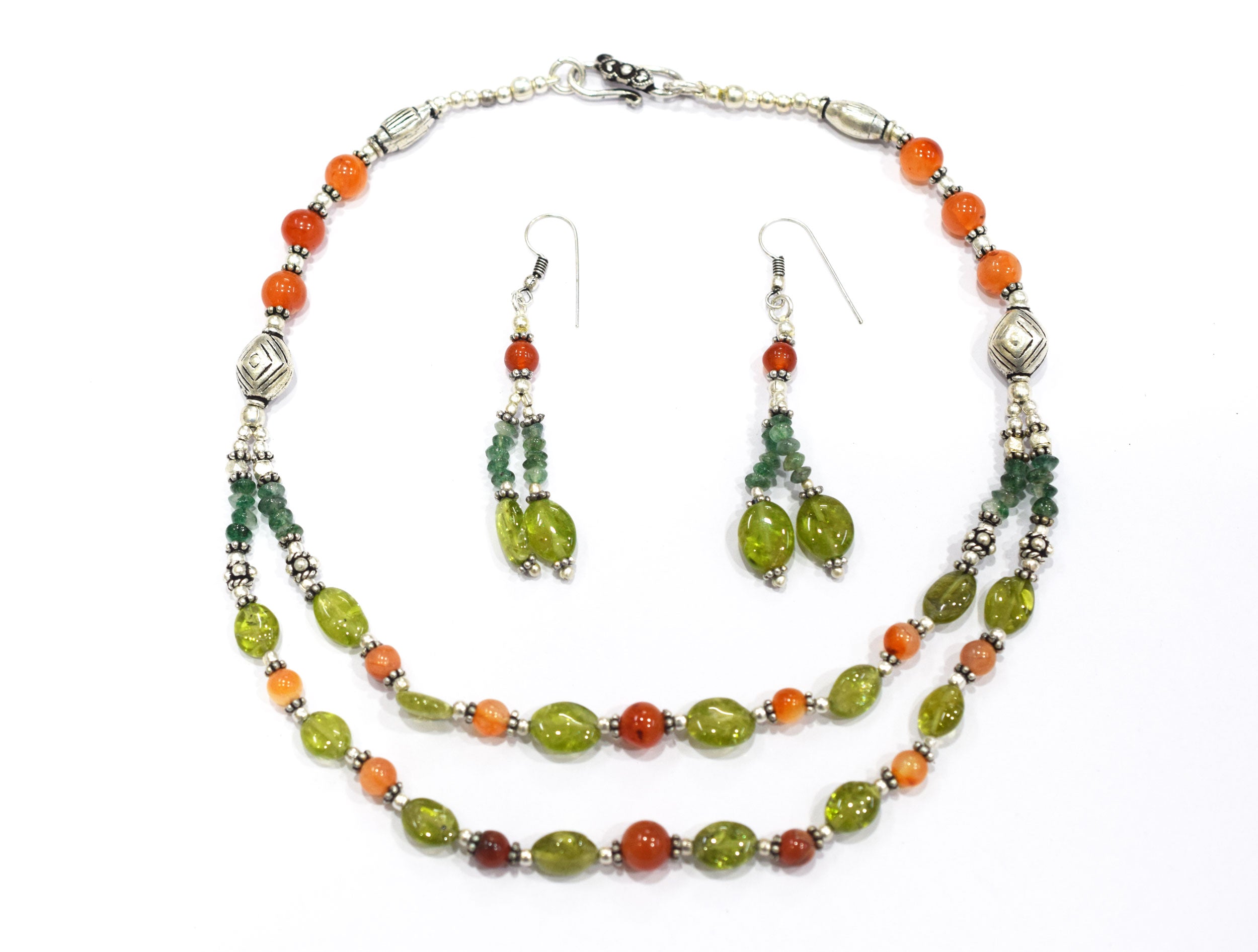 Natural Carnelian, Peridot & Green Aventurine 2-Strand Gemstone Necklace and Earrings Set,32933