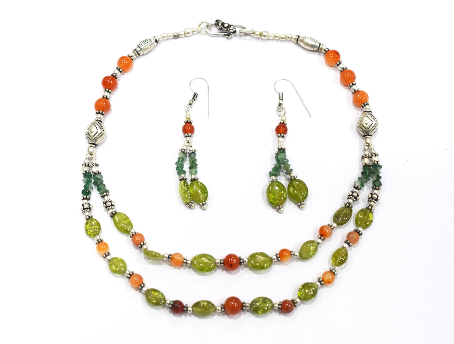 Natural Carnelian, Peridot & Green Aventurine 2-Strand Gemstone Necklace and Earrings Set,32933