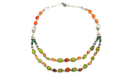 Natural Carnelian, Peridot & Green Aventurine 2-Strand Gemstone Necklace and Earrings Set,32933