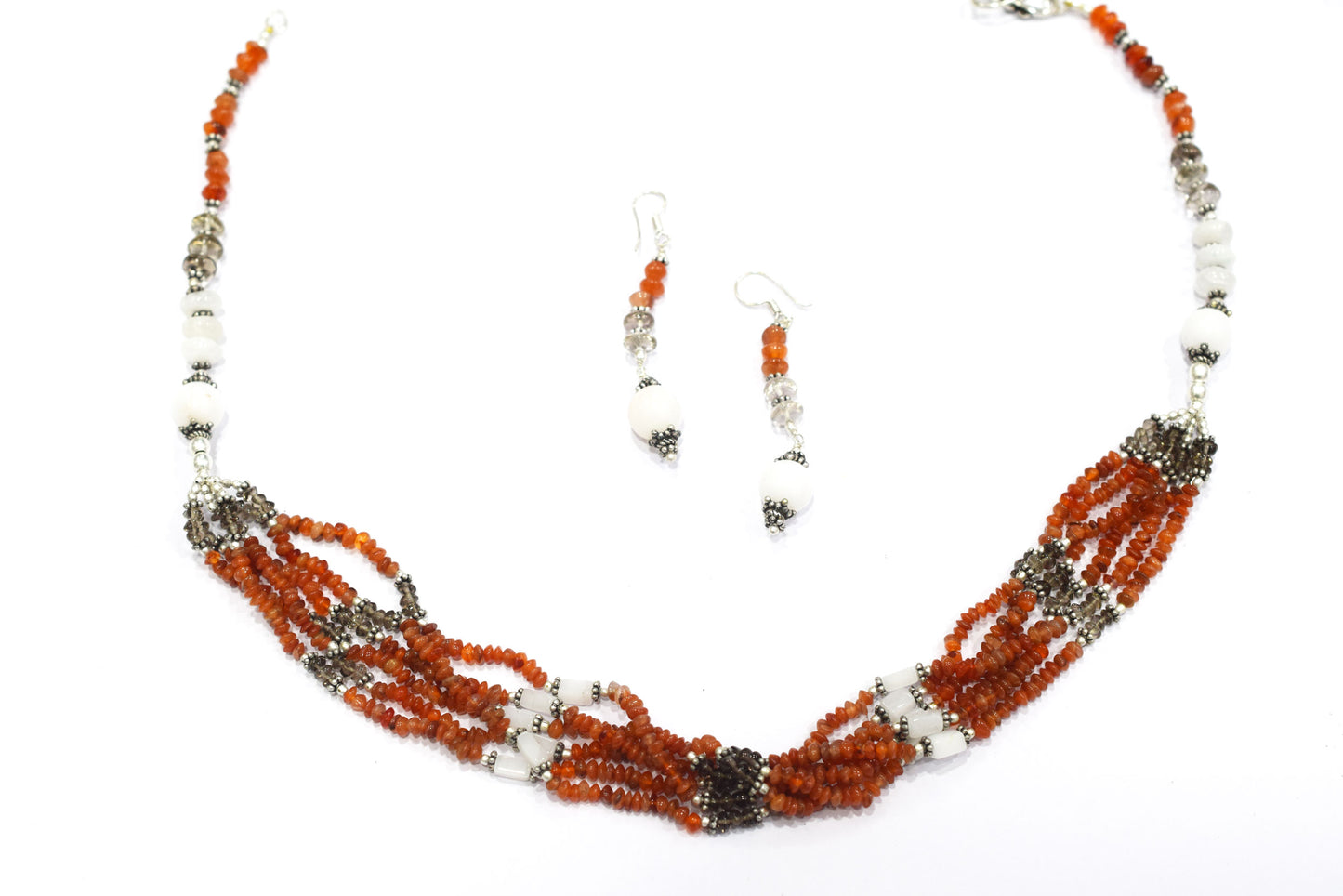 Natural Carnelian & White Agate Multi-Strand Twisted Gemstone Necklace and Earrings Set,32934