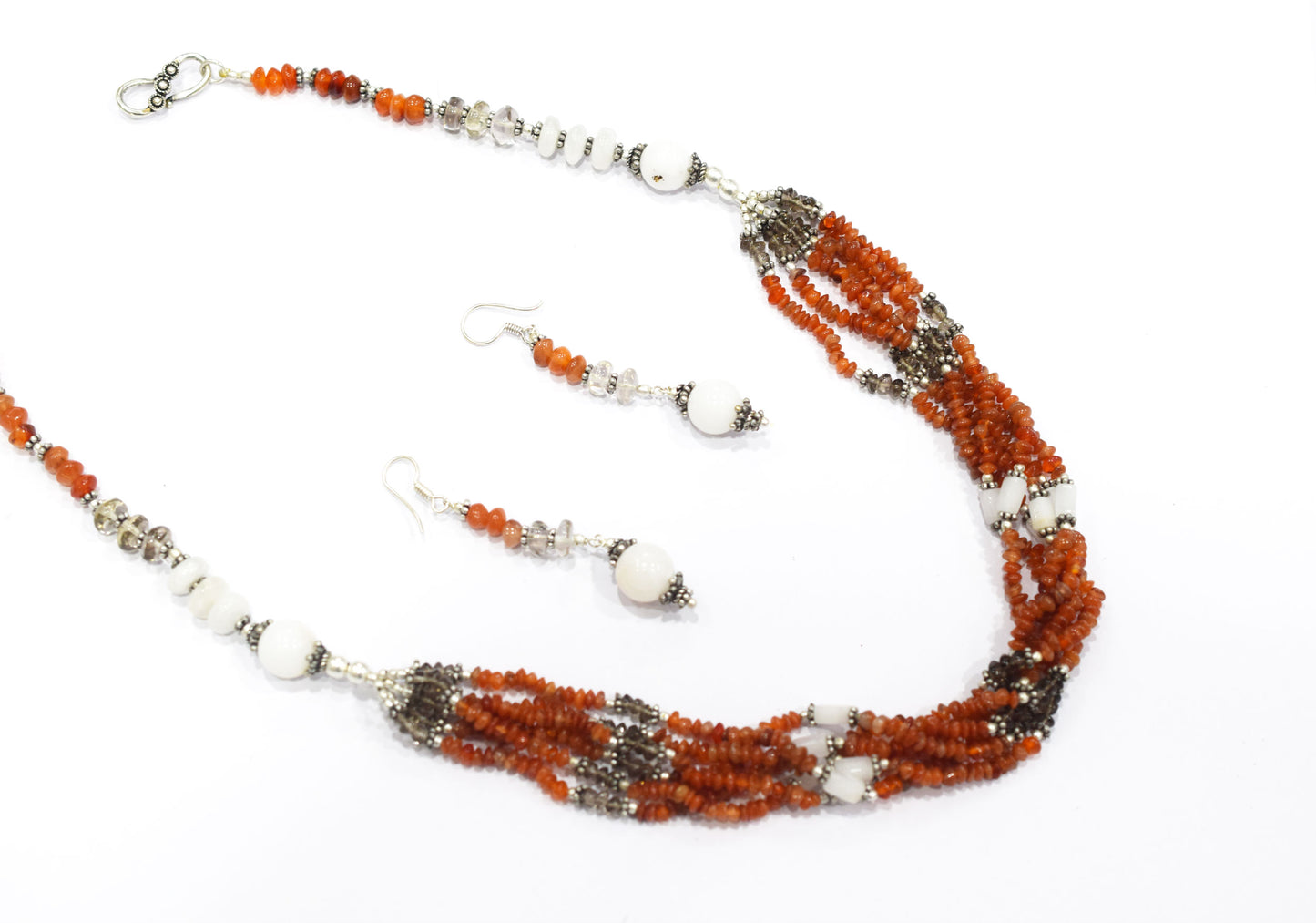 Natural Carnelian & White Agate Multi-Strand Twisted Gemstone Necklace and Earrings Set,32934