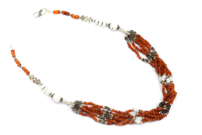 Natural Carnelian & White Agate Multi-Strand Twisted Gemstone Necklace and Earrings Set,32934