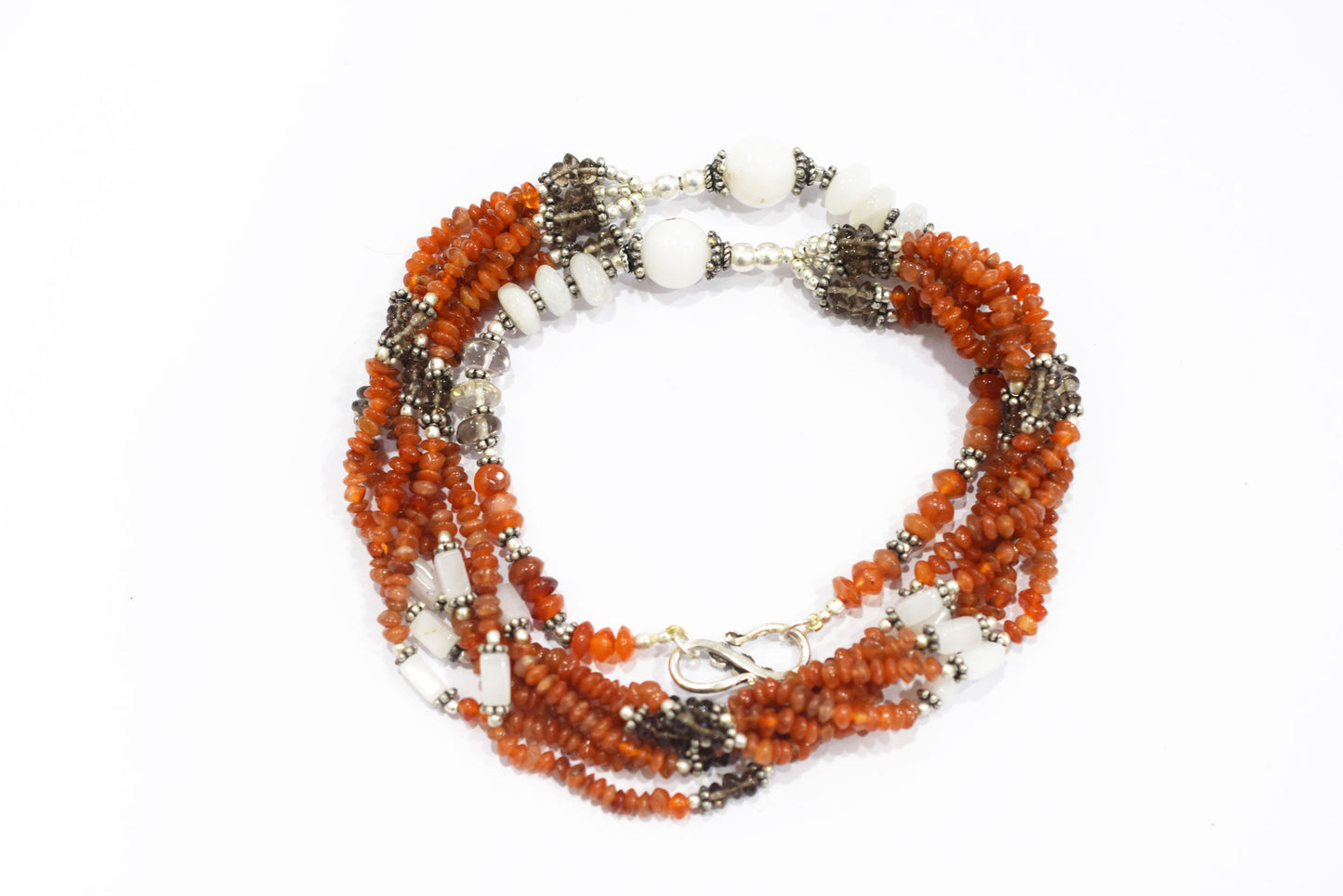 Natural Carnelian & White Agate Multi-Strand Twisted Gemstone Necklace and Earrings Set,32934