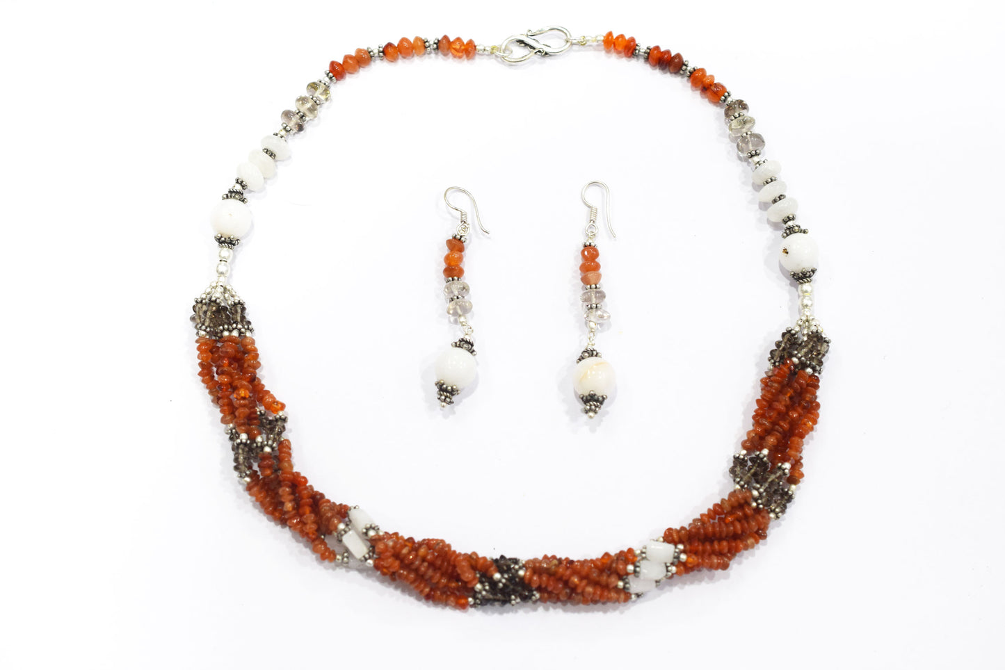 Natural Carnelian & White Agate Multi-Strand Twisted Gemstone Necklace and Earrings Set,32934