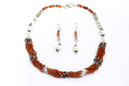 Natural Carnelian & White Agate Multi-Strand Twisted Gemstone Necklace and Earrings Set,32934