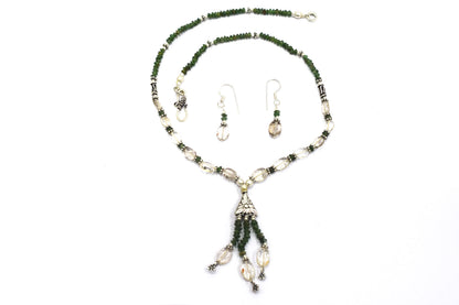 Natural Green Aventurine & Clear Quartz Crystal Tassel Pendant Necklace and Earrings Set,32935