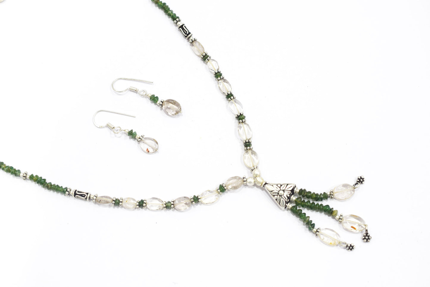 Natural Green Aventurine & Clear Quartz Crystal Tassel Pendant Necklace and Earrings Set,32935
