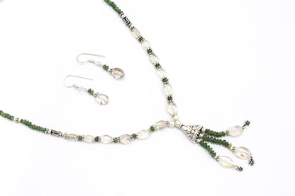 Natural Green Aventurine & Clear Quartz Crystal Tassel Pendant Necklace and Earrings Set,32935