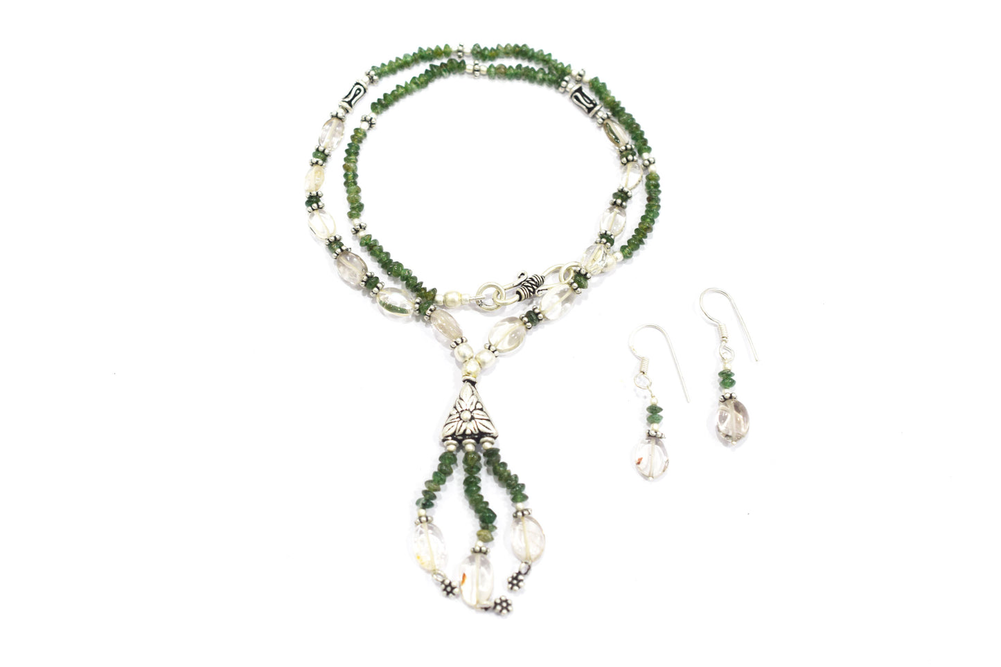 Natural Green Aventurine & Clear Quartz Crystal Tassel Pendant Necklace and Earrings Set,32935