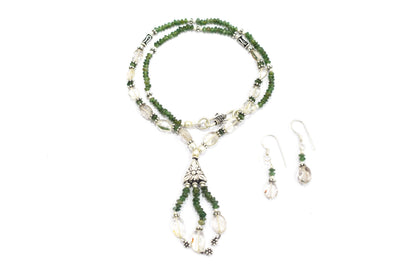 Natural Green Aventurine & Clear Quartz Crystal Tassel Pendant Necklace and Earrings Set,32935