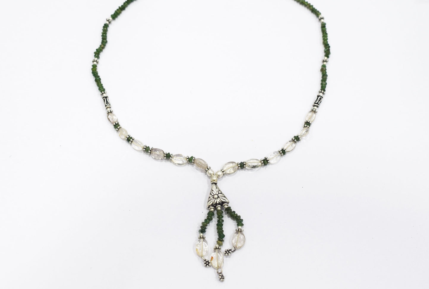 Natural Green Aventurine & Clear Quartz Crystal Tassel Pendant Necklace and Earrings Set,32935