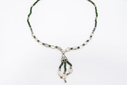 Natural Green Aventurine & Clear Quartz Crystal Tassel Pendant Necklace and Earrings Set,32935