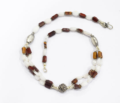 Natural Red Agate & White Agate 2-Strand Cascading Gemstone Necklace and Earrings Set,32936