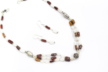 Natural Red Agate & White Agate 2-Strand Cascading Gemstone Necklace and Earrings Set,32936