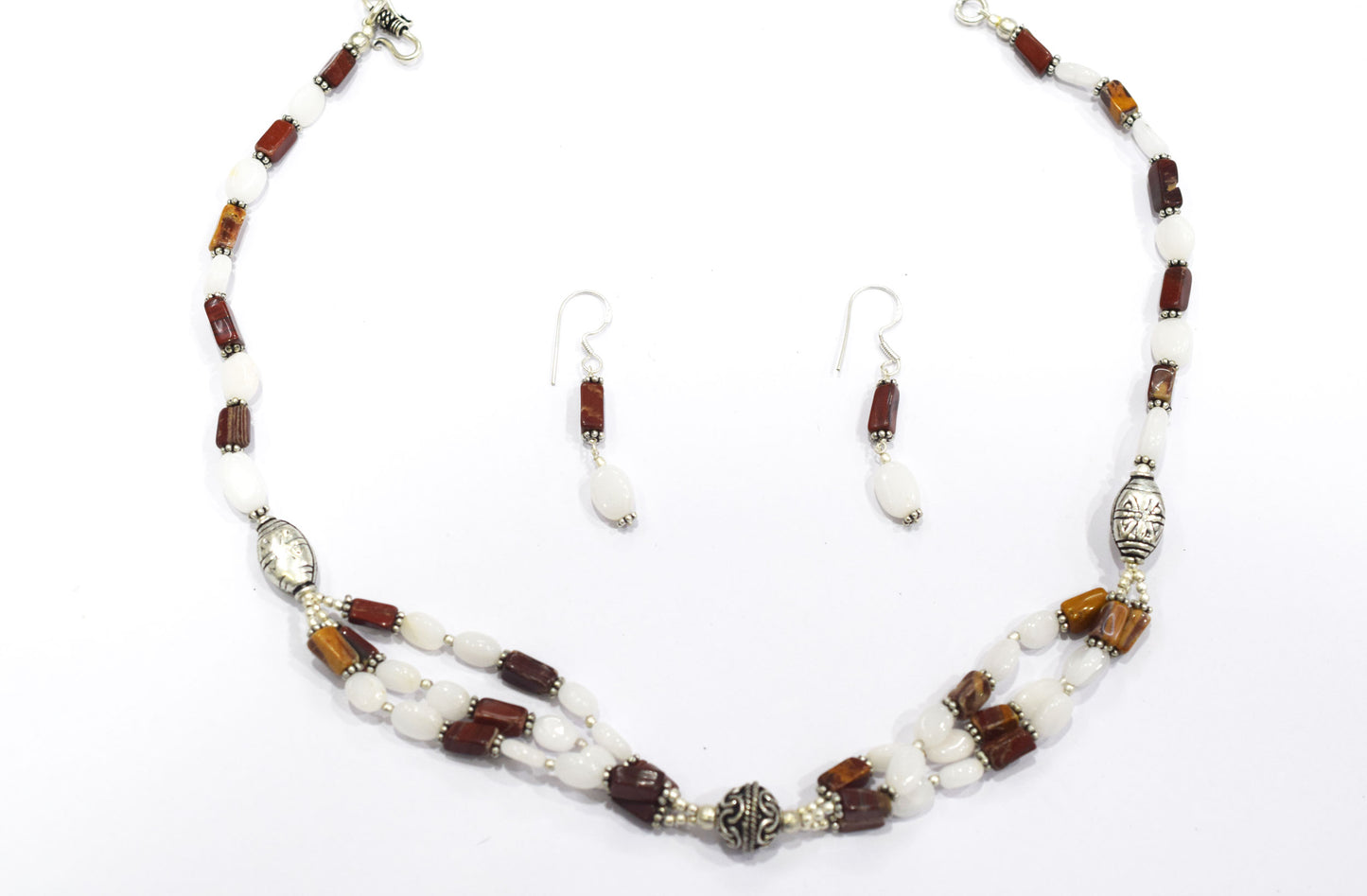 Natural Red Agate & White Agate 2-Strand Cascading Gemstone Necklace and Earrings Set,32936