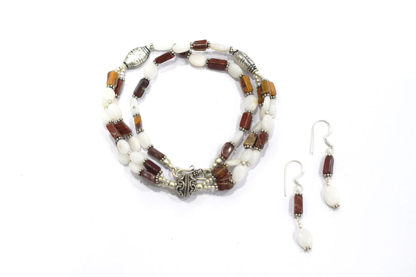 Natural Red Agate & White Agate 2-Strand Cascading Gemstone Necklace and Earrings Set,32936