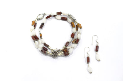 Natural Red Agate & White Agate 2-Strand Cascading Gemstone Necklace and Earrings Set,32936