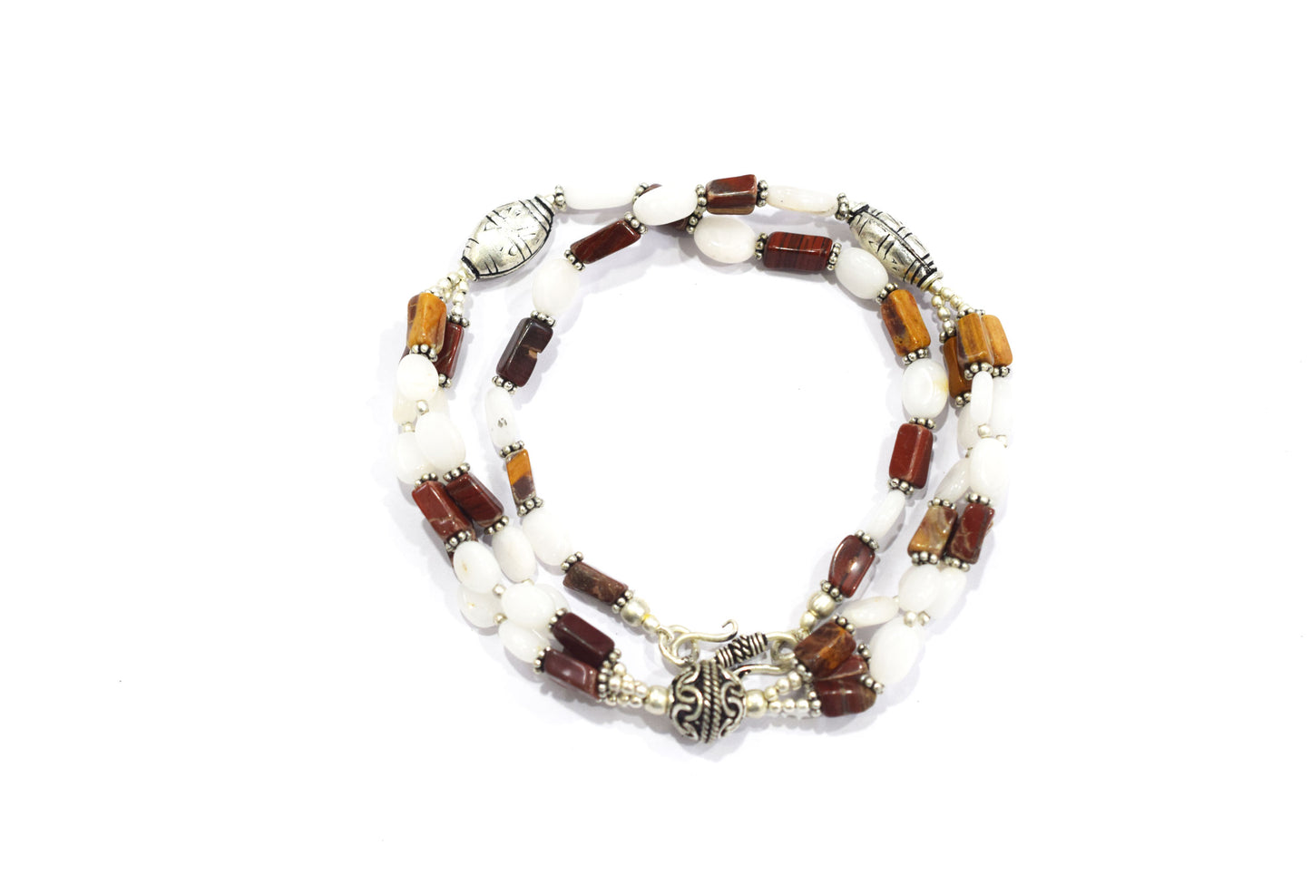 Natural Red Agate & White Agate 2-Strand Cascading Gemstone Necklace and Earrings Set,32936