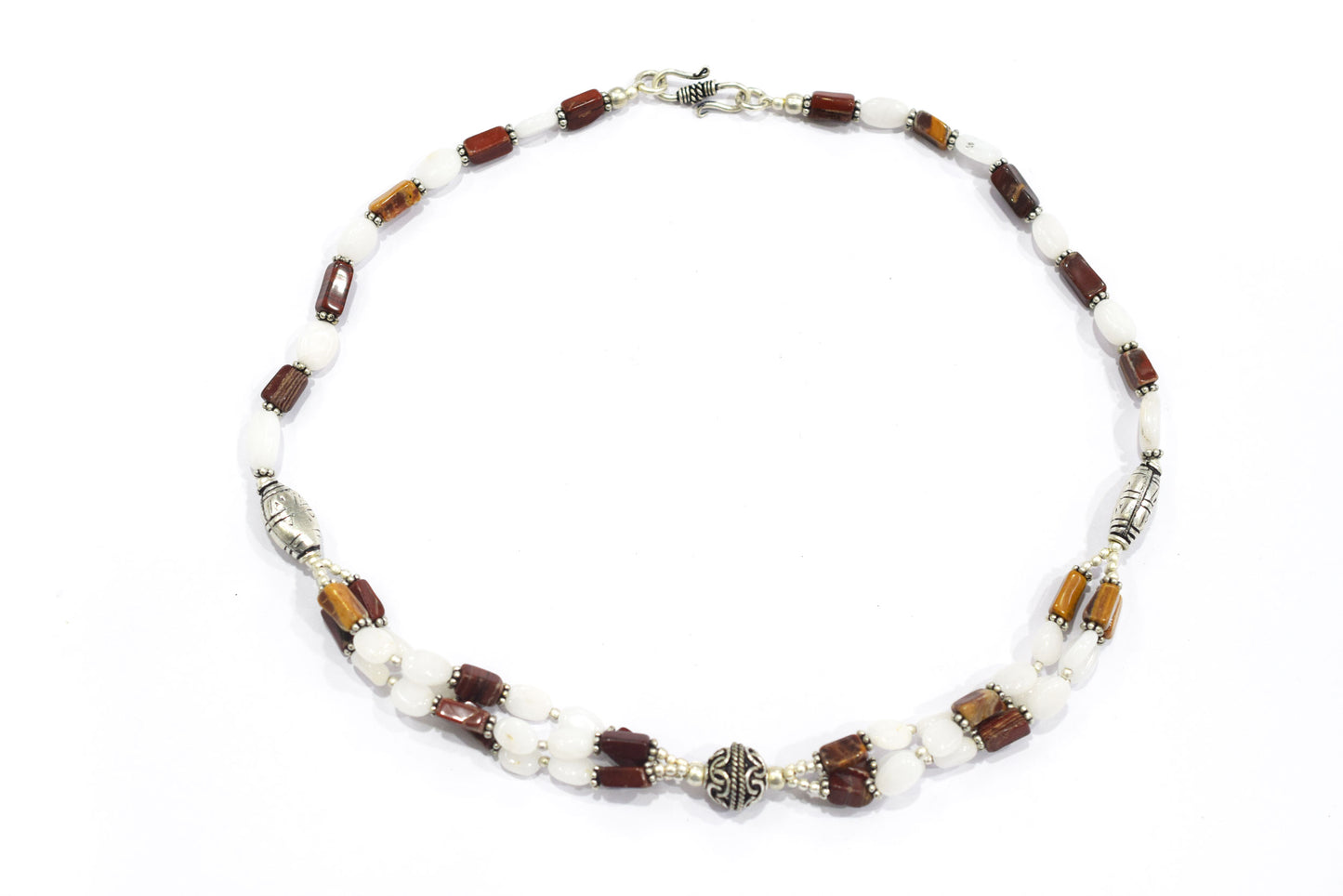 Natural Red Agate & White Agate 2-Strand Cascading Gemstone Necklace and Earrings Set,32936